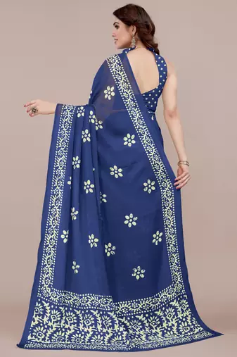 Blue chiffon batik block print saree with unstiched blouse piece