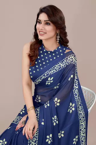 Blue chiffon batik block print saree with unstiched blouse piece