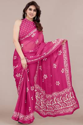 Dark pink chiffon batik block print saree with unstiched blouse piece 1