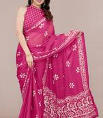 Dark pink chiffon batik block print saree with unstiched blouse piece