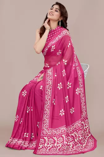 Dark pink chiffon batik block print saree with unstiched blouse piece