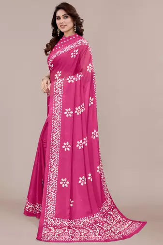 Dark pink chiffon batik block print saree with unstiched blouse piece