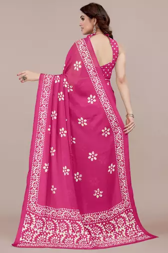 Dark pink chiffon batik block print saree with unstiched blouse piece