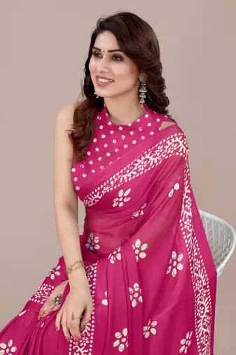 Dark pink chiffon batik block print saree with unstiched blouse piece