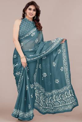 Dark dusty turquoise chiffon batik block print saree with unstiched blouse piece 1