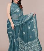Dark dusty turquoise chiffon batik block print saree with unstiched blouse piece