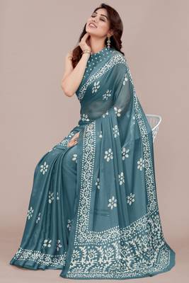 Dark dusty turquoise chiffon batik block print saree with unstiched blouse piece 2