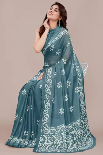 Dark dusty turquoise chiffon batik block print saree with unstiched blouse piece