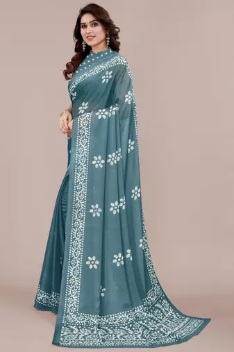 Dark dusty turquoise chiffon batik block print saree with unstiched blouse piece