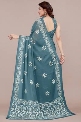 Dark dusty turquoise chiffon batik block print saree with unstiched blouse piece 4