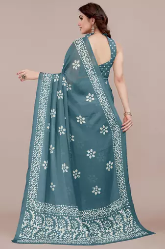 Dark dusty turquoise chiffon batik block print saree with unstiched blouse piece