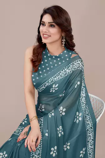 Dark dusty turquoise chiffon batik block print saree with unstiched blouse piece