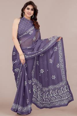 Dark dusty purple chiffon batik block print saree piese with unstiched blouse piece 1