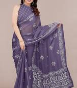 Dark dusty purple chiffon batik block print saree piese with unstiched blouse piece