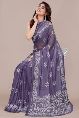 Dark dusty purple chiffon batik block print saree piese with unstiched blouse piece 2