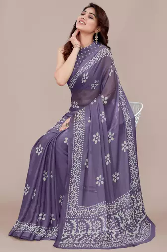 Dark dusty purple chiffon batik block print saree piese with unstiched blouse piece