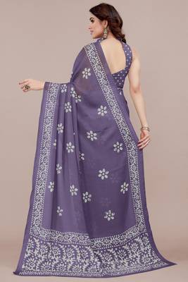 Dark dusty purple chiffon batik block print saree piese with unstiched blouse piece 4