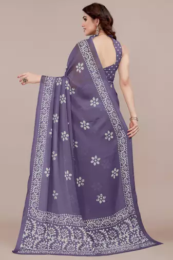 Dark dusty purple chiffon batik block print saree piese with unstiched blouse piece