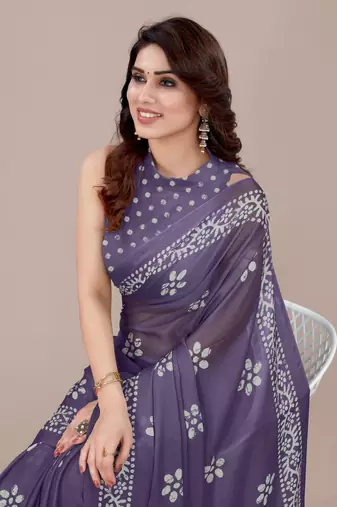 Dark dusty purple chiffon batik block print saree piese with unstiched blouse piece