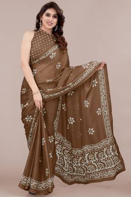 Brown chiffon batik block print saree with unstiched blouse piece 1