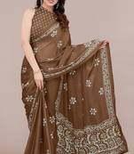 Brown chiffon batik block print saree with unstiched blouse piece