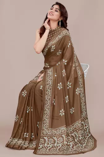 Brown chiffon batik block print saree with unstiched blouse piece