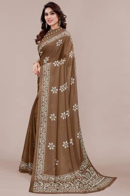 Brown chiffon batik block print saree with unstiched blouse piece 3