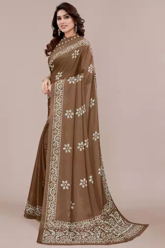 Brown chiffon batik block print saree with unstiched blouse piece