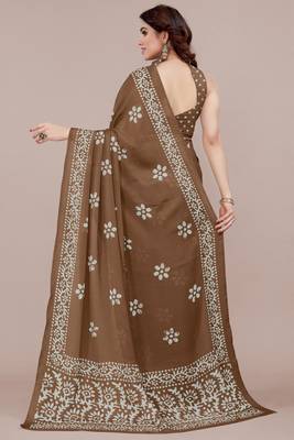 Brown chiffon batik block print saree with unstiched blouse piece 4