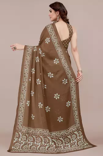 Brown chiffon batik block print saree with unstiched blouse piece