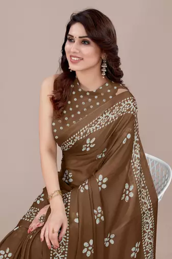 Brown chiffon batik block print saree with unstiched blouse piece