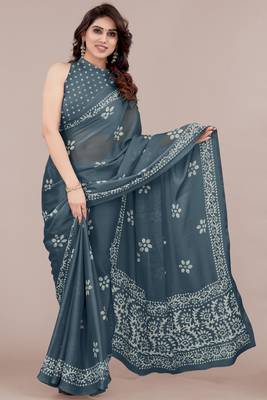 Dark greyish blue chiffon batik block print saree with unstiched blouse piece 1