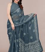 Dark greyish blue chiffon batik block print saree with unstiched blouse piece