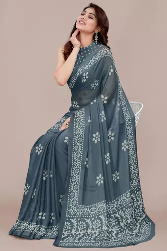 Dark greyish blue chiffon batik block print saree with unstiched blouse piece