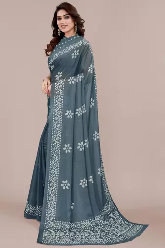 Dark greyish blue chiffon batik block print saree with unstiched blouse piece