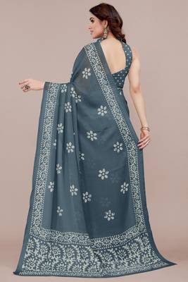 Dark greyish blue chiffon batik block print saree with unstiched blouse piece 4