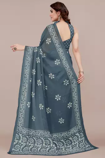 Dark greyish blue chiffon batik block print saree with unstiched blouse piece