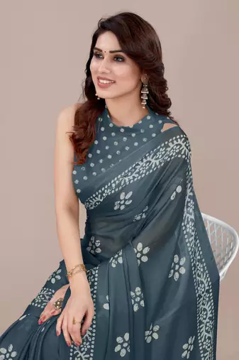 Dark greyish blue chiffon batik block print saree with unstiched blouse piece