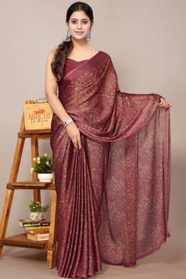 Maroon chiffon floral print leaf print saree with unstiched blouse piece 1
