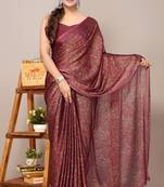 Maroon chiffon floral print leaf print saree with unstiched blouse piece