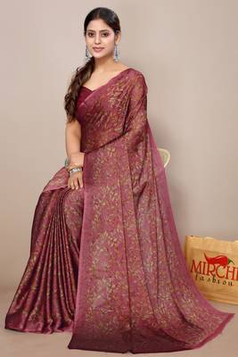Maroon chiffon floral print leaf print saree with unstiched blouse piece 2