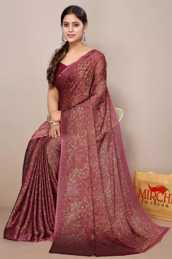 Maroon chiffon floral print leaf print saree with unstiched blouse piece