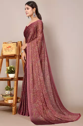Maroon chiffon floral print leaf print saree with unstiched blouse piece