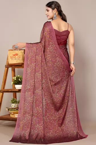 Maroon chiffon floral print leaf print saree with unstiched blouse piece
