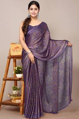 Dark lavender chiffon floral print leaf print saree with unstiched blouse piece 1