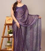 Dark lavender chiffon floral print leaf print saree with unstiched blouse piece