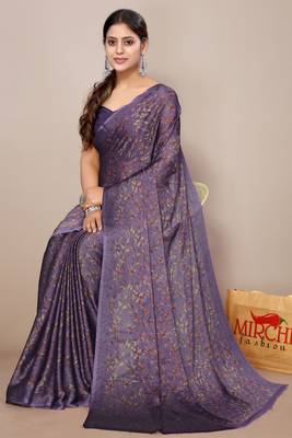Dark lavender chiffon floral print leaf print saree with unstiched blouse piece 2