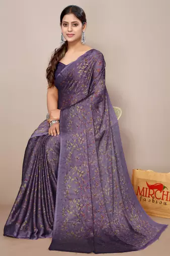 Dark lavender chiffon floral print leaf print saree with unstiched blouse piece