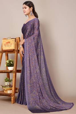 Dark lavender chiffon floral print leaf print saree with unstiched blouse piece 3