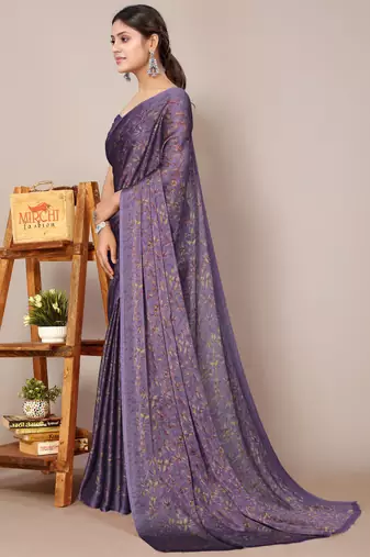 Dark lavender chiffon floral print leaf print saree with unstiched blouse piece